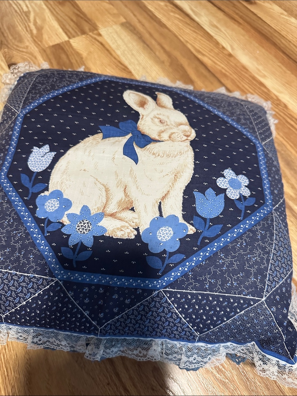 Blue Bunny Decorative Throw Pillow with Lace Trim